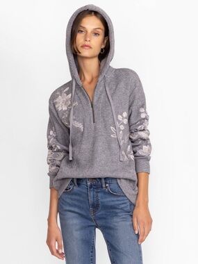 Johnny Was Junie Metallic Thermal Hoodie Embroidered Pullover Silver Grey Large